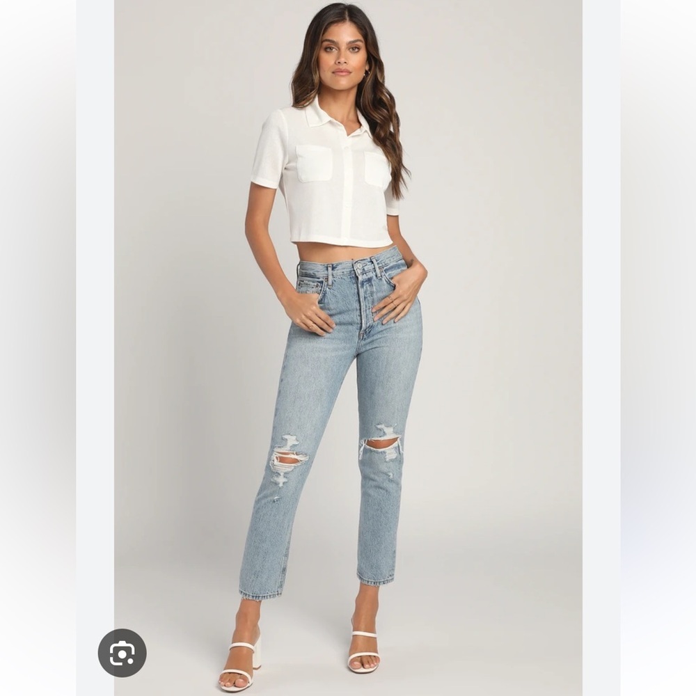 Agolde Riley Light Blue High Rise Distressed Cropped Jeans - Picture 1 of 5